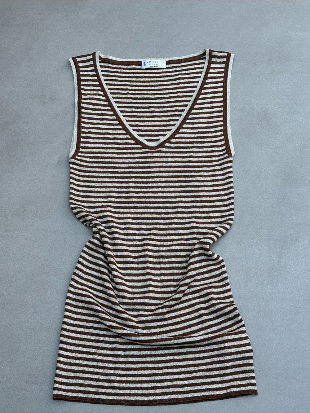 Brunello Cucinelli Metallic Striped V-Neck Tank Top – Brown/Silver